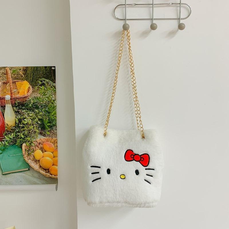 Furry kitten bucket bag chain hand carry drawstring bag new personalized cartoon shoulder messenger bag gift