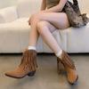 Vintage Leder Poliert Quaste Kleine Kurze Stiefel Spitze Dicke Ferse V-Ausschnitt Westliche Cowboystiefel