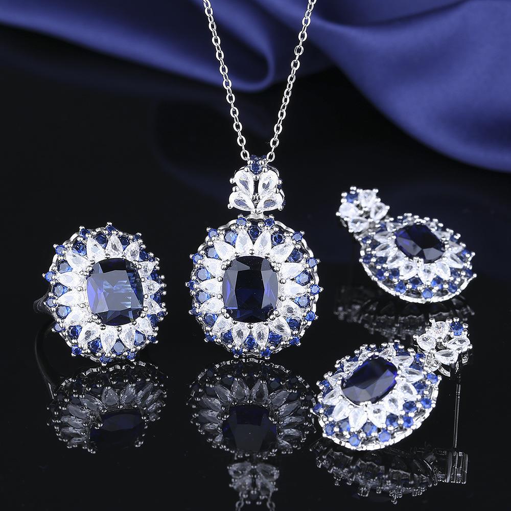 High Sense Heavy Industry Temperament Women s Versatile Color Treasure Natural Sapphire Ring Necklace Stud Earring Set Ring Size:Adjustable