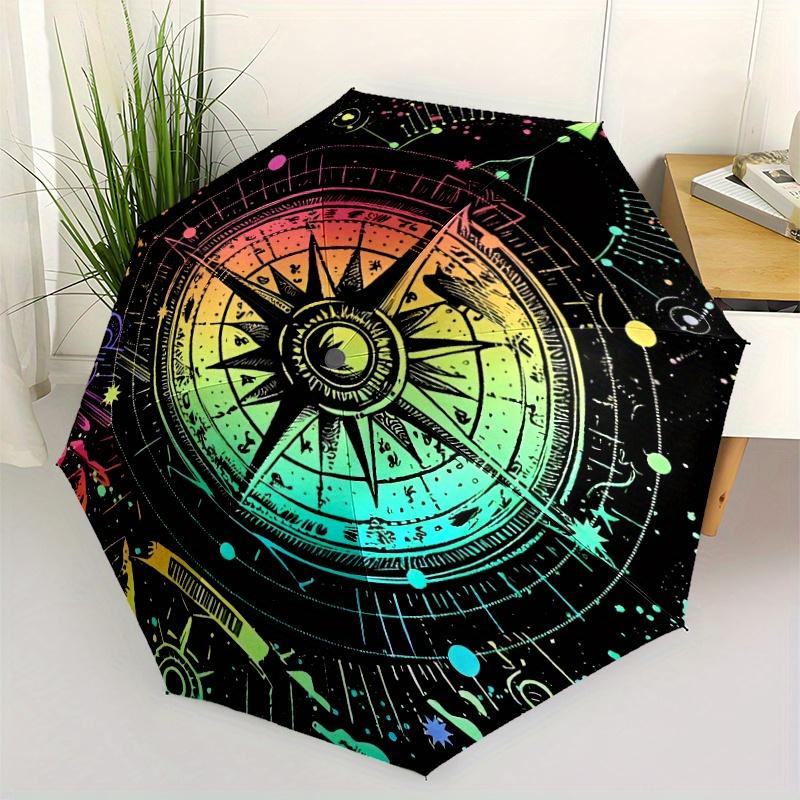 1pc Automatic Opening Folding Umbrella - Compass Rose Design with Neon Colors (Pink, Green, Blue, Yellow, Black) - Portable Tr