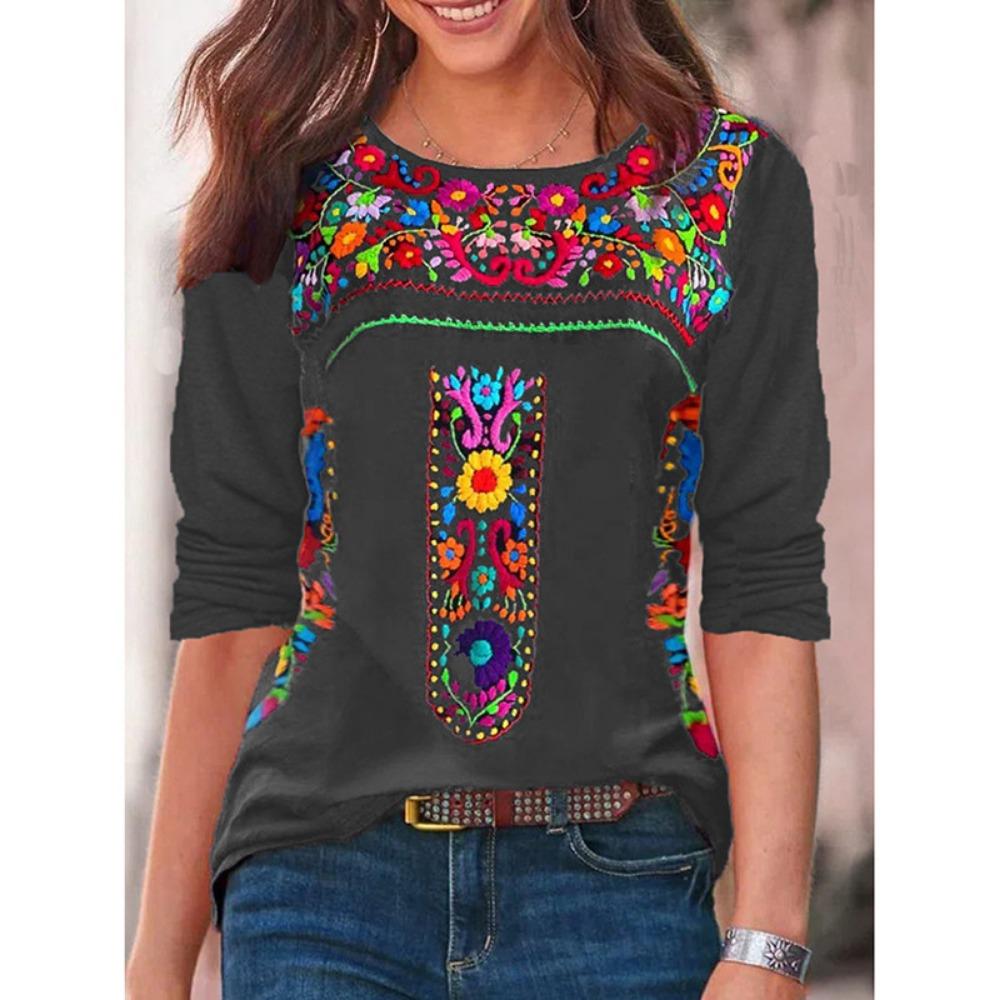 

Европа и Соединенные Штаты весна и лето новая женская футболка топ с богемным принтом V-образный вырез длинный рукав женщина XL