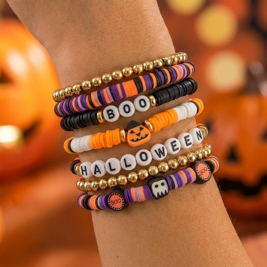 Halloween Spider Bat Multi-layer Stacked Bracelets Set for Women Pumpkin Boo Rice Beaded Bracelets Party Festival Jewelry Gifts