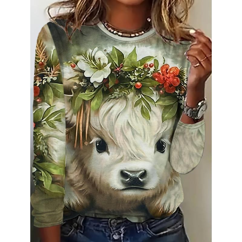 Rundhals 3D Tierdruck Top Lässige Langarm Damen T-Shirts - Weicher Mitteldehnbarer Polyesterstoff Frühling und Herbst Relaxed Fit Kleidung