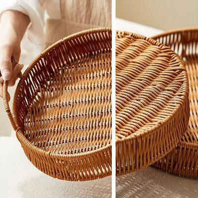 Food Plate Handwoven Plastic Imitation Rattan Storage Tray Round Shape Fruit Vegetable Cake Storage Basket With Handle