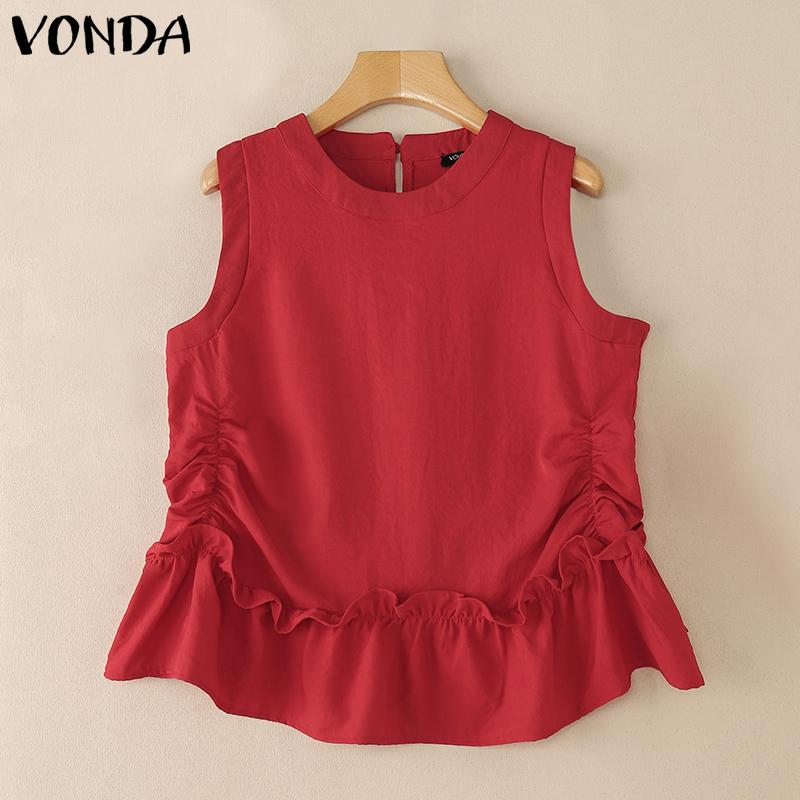 VONDA Women Round Neck Sleeveless Ruffled Twisted Hem Casual Tank Tops