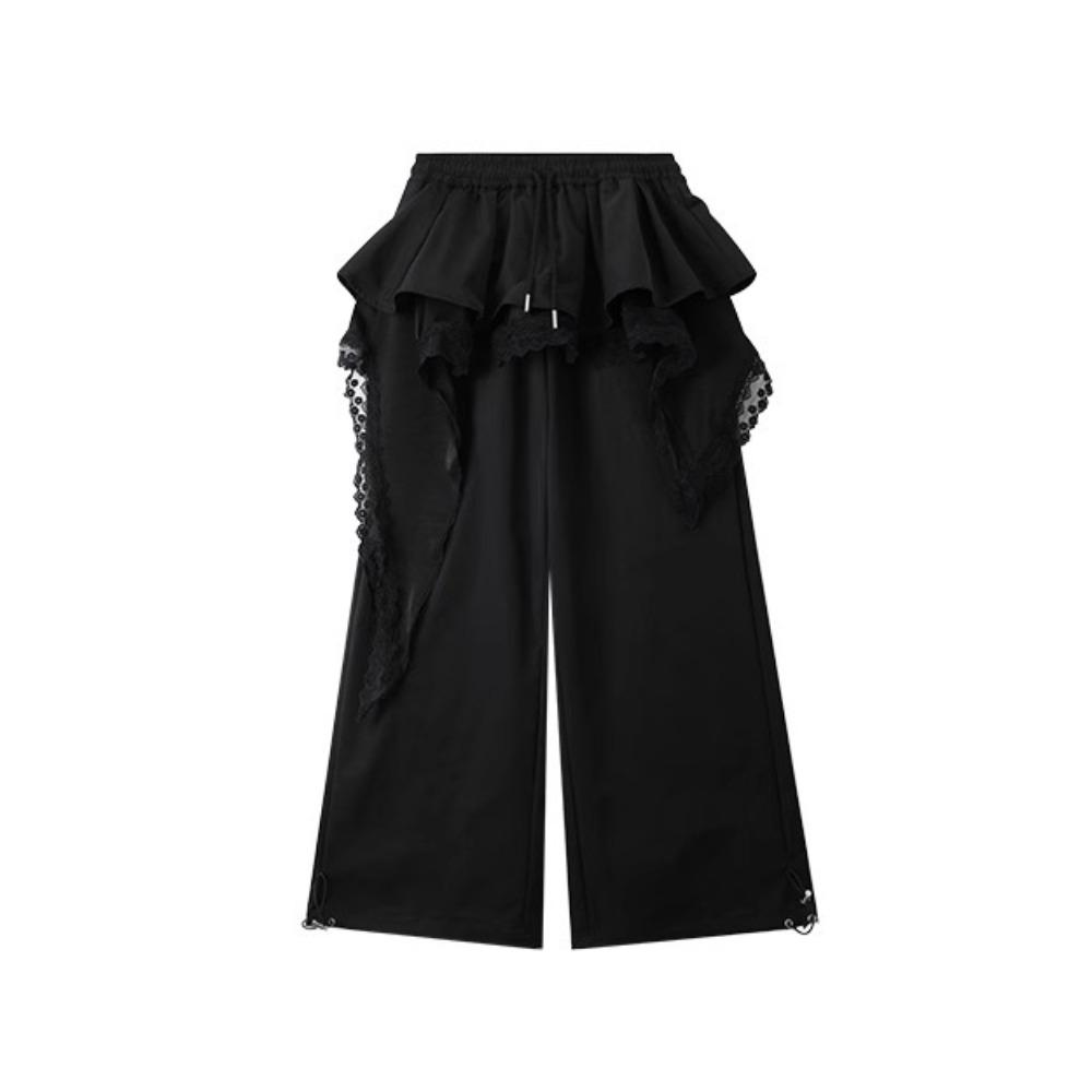 Young Women Lace Tiered Skirt Pants Baggy Wide Leg Trousers Y2k Lace Patchwork Pants  Lady