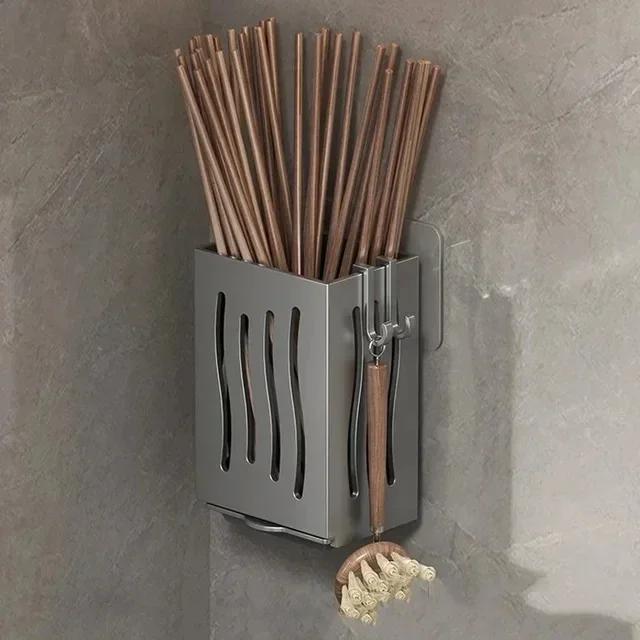 

1 шт. Подставка для кухонных принадлежностей - многофункциональный держатель для палочек для еды, настенный или отдельно стоящий ящик для хранения столовых приборов, пластик серый