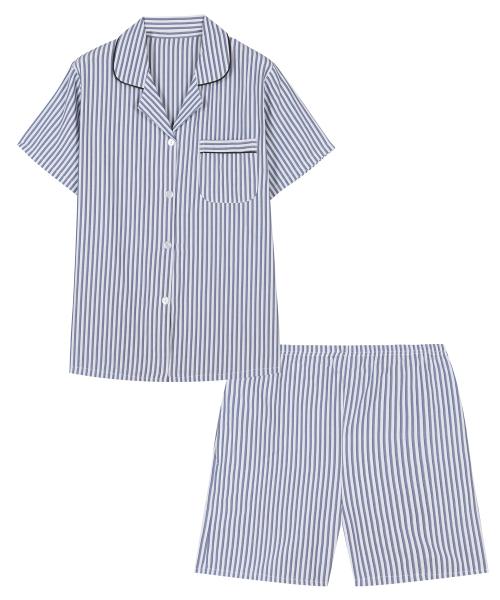 [Pink Zone] Blueberry Stripe Short-Sleeve Collar Two-Piece Pajamas Set [Shipped from Korea] 100% Authentic