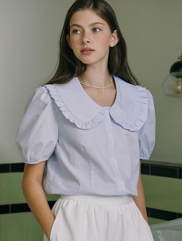 NONLOCAL Ruffle Collar Stripe Blouse - Blue