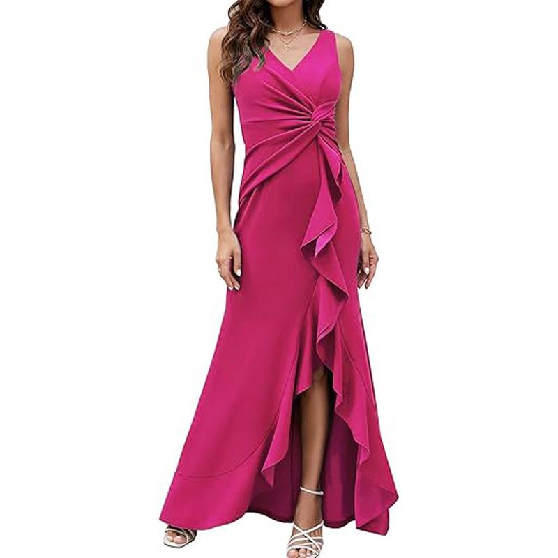 Sexy Slit Ruffled Sleeveless Evening Women's Dresses Fashionable V Neck Slim Pleated Elegant Female Maxi Long Dress