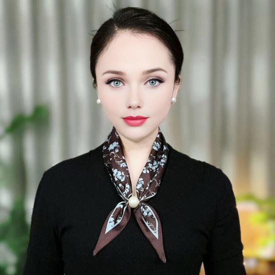 Satin Neck Scarf Irregular Geometric Pattern Wrinkle-resistant Scarf with Magnetic Imitation Pearl Buckle Outfit Accessory