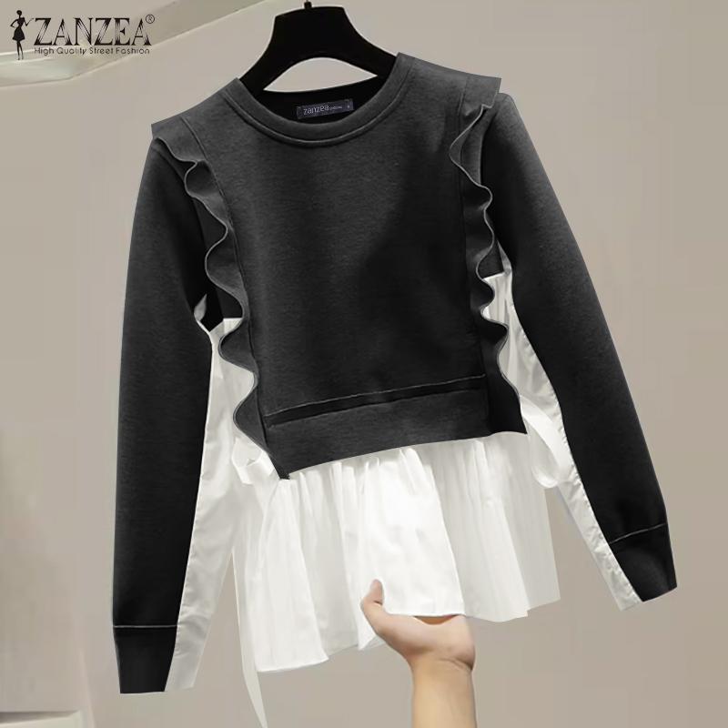 ZANZEA Women Vintage U-Neck Long Sleeve Fake Two Piece Pullover Sweaters