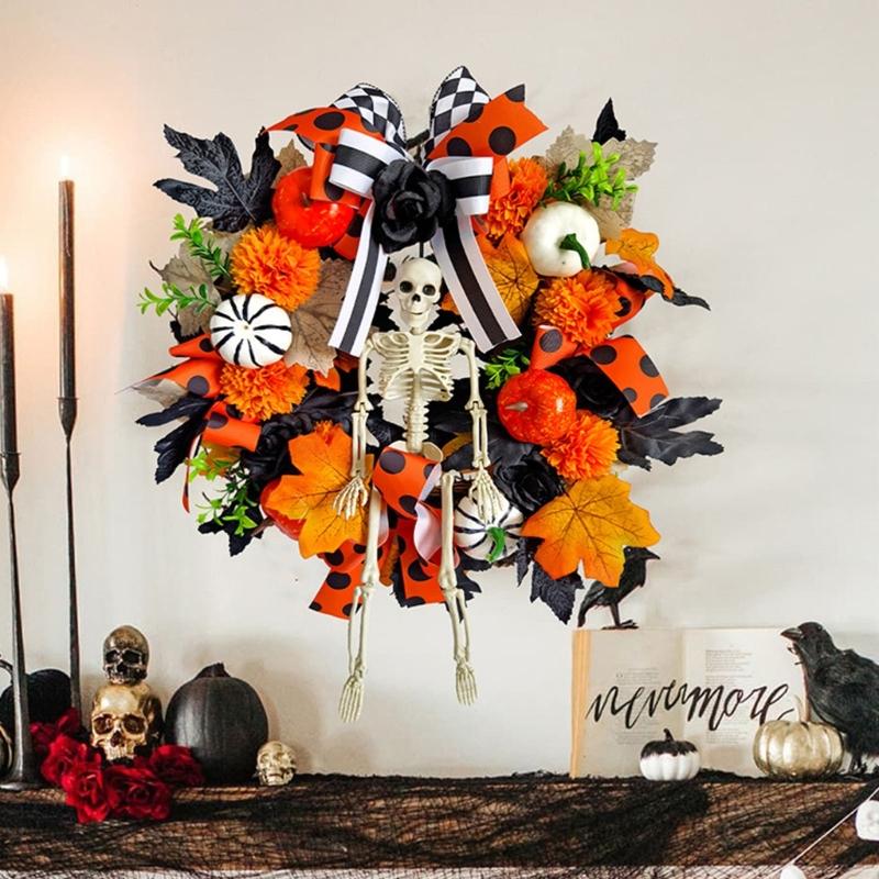 Realistic Faux Maple Leaf Pumpkins Skull Branch Wreath Durability Waterproof Halloween Autumn Home Outdoor Decors