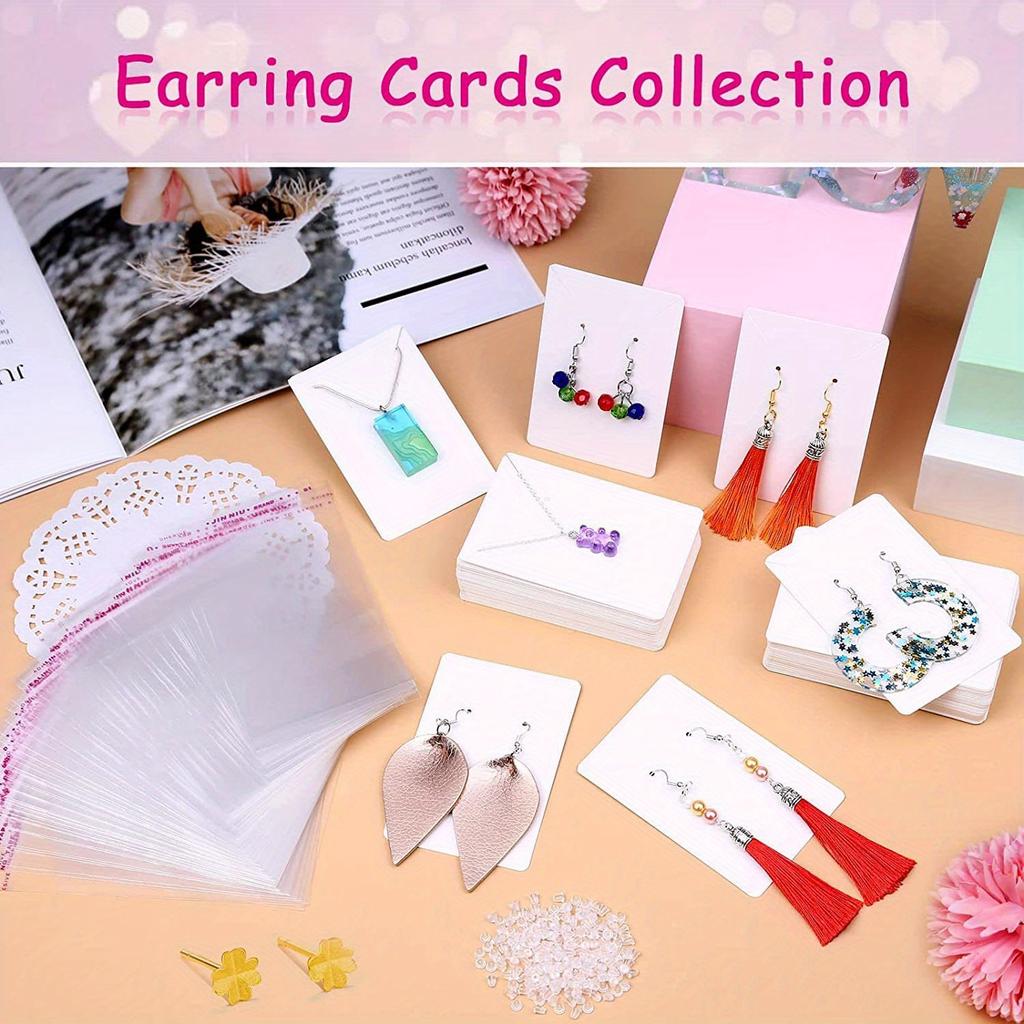 200pcs Set, White 100pcs Jewelry Display Cards with 100pcs Clear Bags, Necklace Earring Card Holders for Selling Jewelry Packaging Supplies