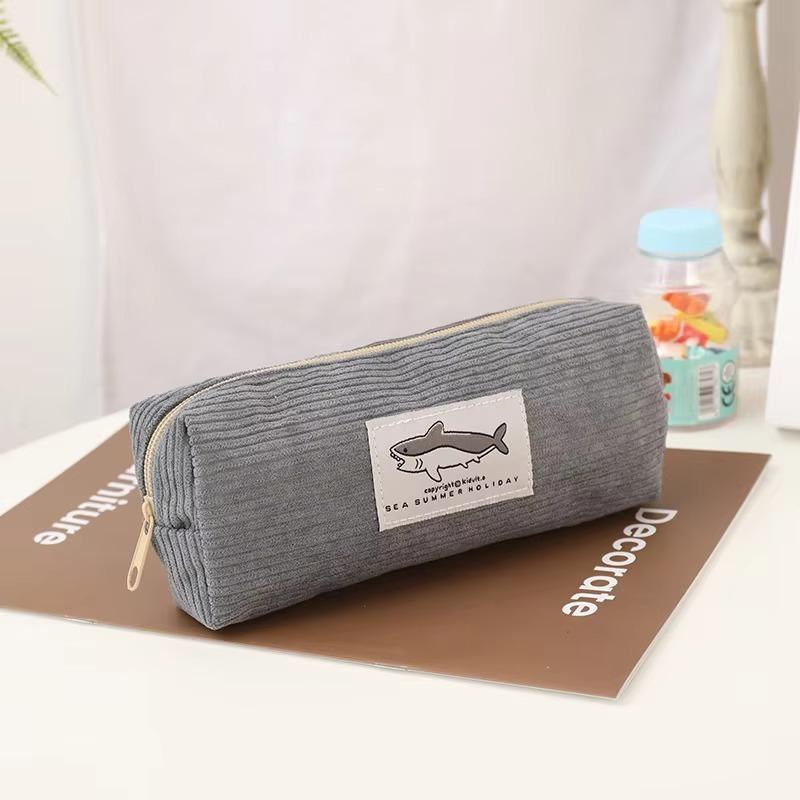 

Cute Corduroy Pencil Case Little Shark Embroidery Pen Bag Pouch Gift for Girls School Office Stationery Organizer Supplies темно-сірий колір