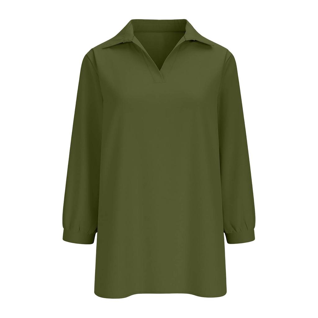 Women Casual Loose Fit Tunic Top V Neck Collared Three Quarter Sleeve Lightweight Blouse for Everyday Wear