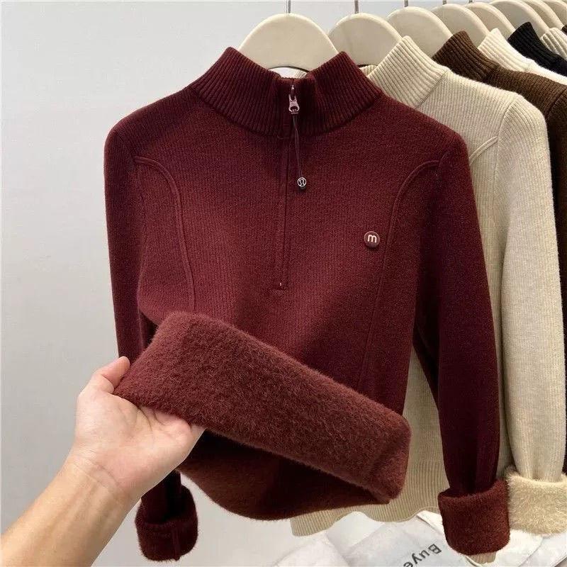 Autumn Winter Women's Thickened Stand Up Collar Sweater Half Open Collar Zipper Velvet Warm High Neck Pullover