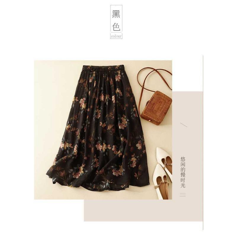 Floral Vintage Big Hem Airy Flowing Plus Lined Half-body Skirt