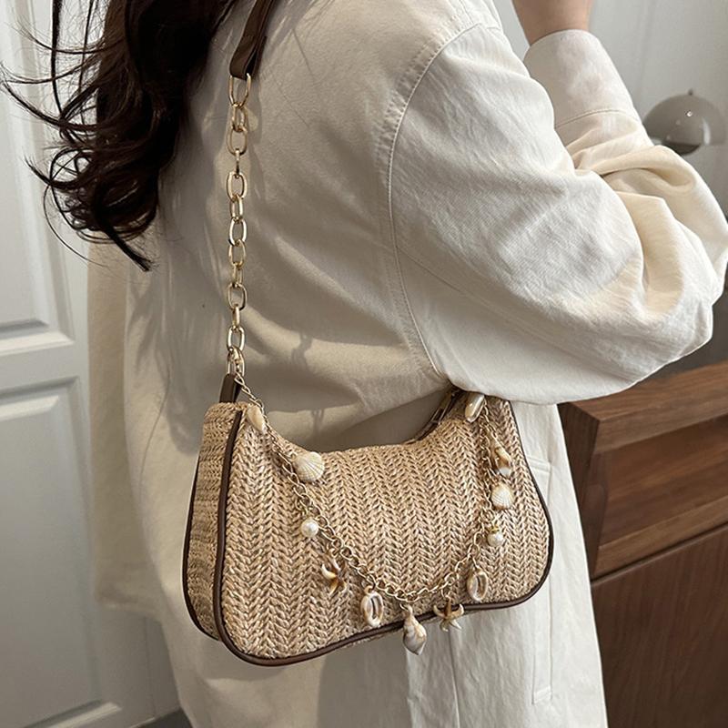 Yogodlns Summer New Women Simple Shoulder Bag Fashion Straw Fashionable Versatile Crossbody Bag Lightweight Casual Commuting Bag