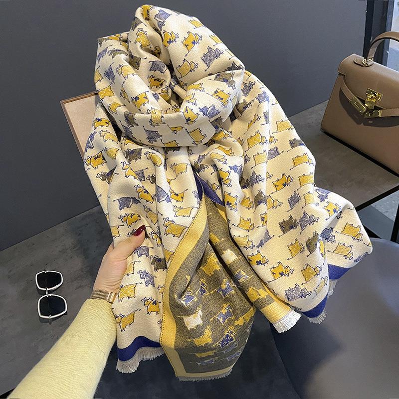 Sunflower Pattern Autumn and Winter New Imitation Cashmere Scarf for Women Warm and Thickened Versatile Long Shawl and Scarf