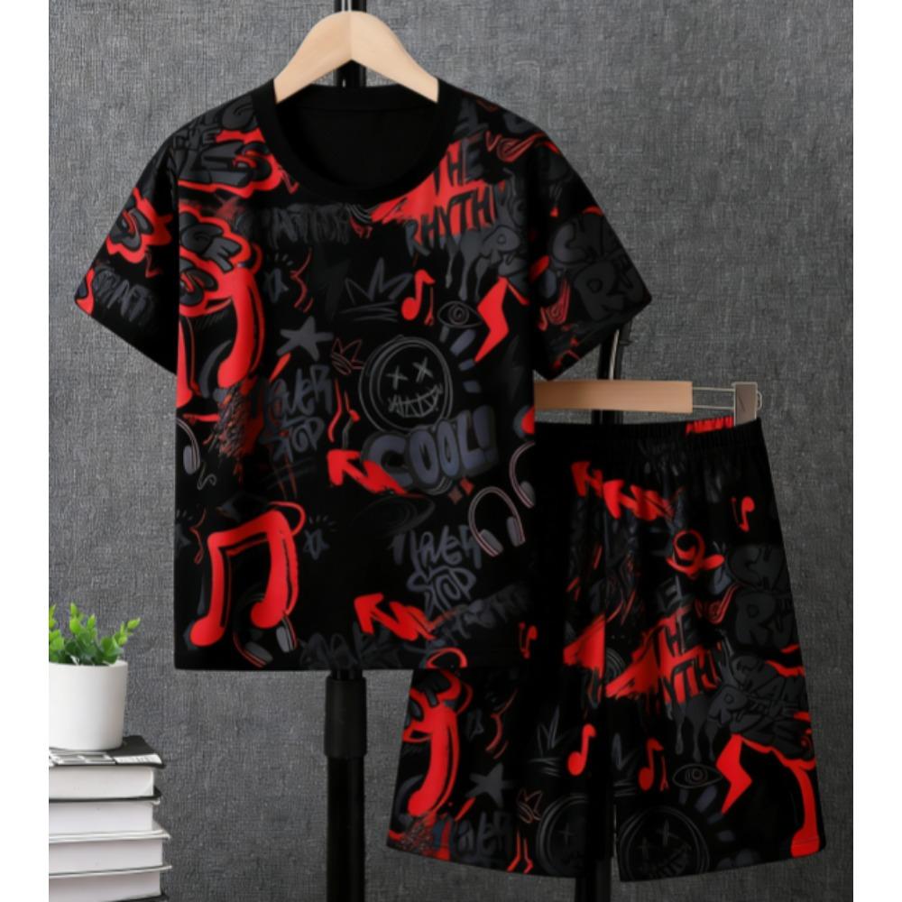 Fashion Letter Graffiti Printed Summer Kids T-shirt and Shorts 2 Piece Set Summer Casual Outfit for Boys and Girls Kids Clothing