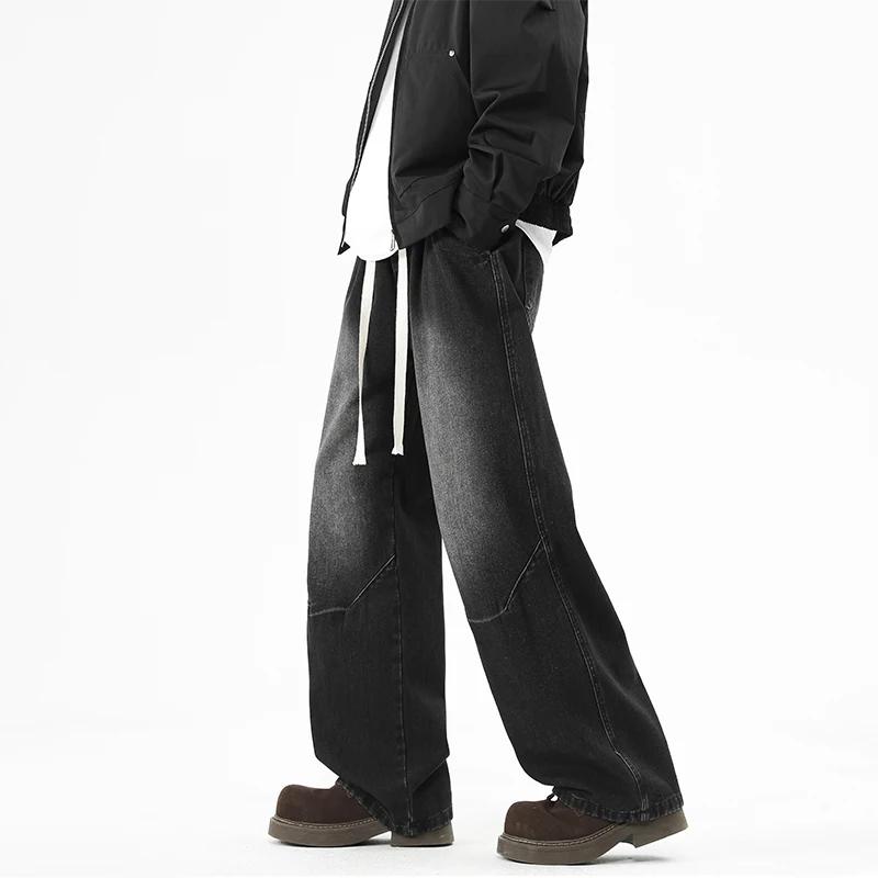 2026 Spring Autumn Men Loose Denim Pants Men Jeans Elastic Waist Casual Wide Leg Pants High Street Boys Loose Trousers