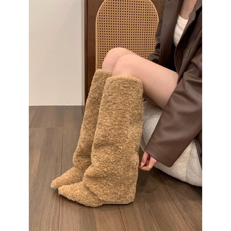 Niche wedge heel plush cotton shoes long boots children's season pointed head medium tube knight boots