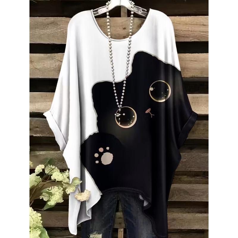 Camiseta Retro para Mujer Gráfico de Gato Anime Ropa de Chica Verano Cuello Redondo Manga Corta Camisetas Femeninas Harajuku Streetwear Blusa Oversized