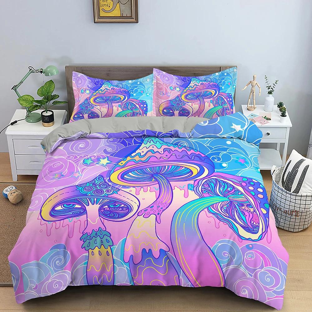 Blue Purple Beding Mushrom Soft Duvet Cover Set Fantasy Galaxy Sky Mushrom Design Psychedelic Young Boys Young Girls Gifts Bedrom Decoration