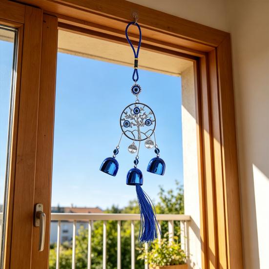 Clopoțel de vânt cu Ochi Răi Albastru pentru Exterior Fluture/Elefant/Copac/Soare/Mână Clopoțel Metalic Decorativ Ornament Suspendat pentru Casă Grădină Balcon