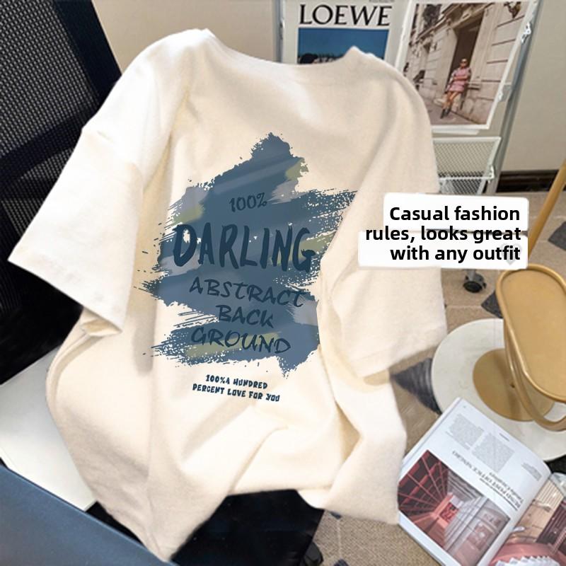 Summer Loose Oversize Women's T-irt Cotton Pure Long ort Sve round Ne Print Korean Sle Casual Comfortable Top