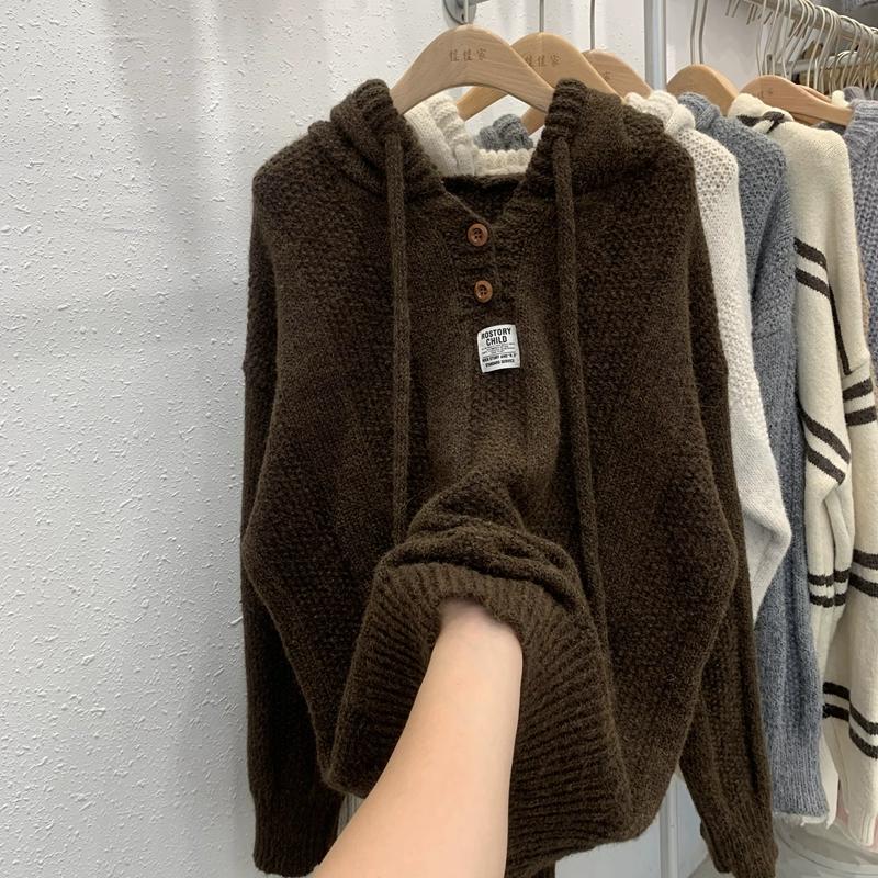 

Dimanaf 2024 Осень Женские однотонные свитера с капюшоном и круглым вырезом Вязание Базовый повседневный стиль Свободный свитер-пуловер One Size бежевый