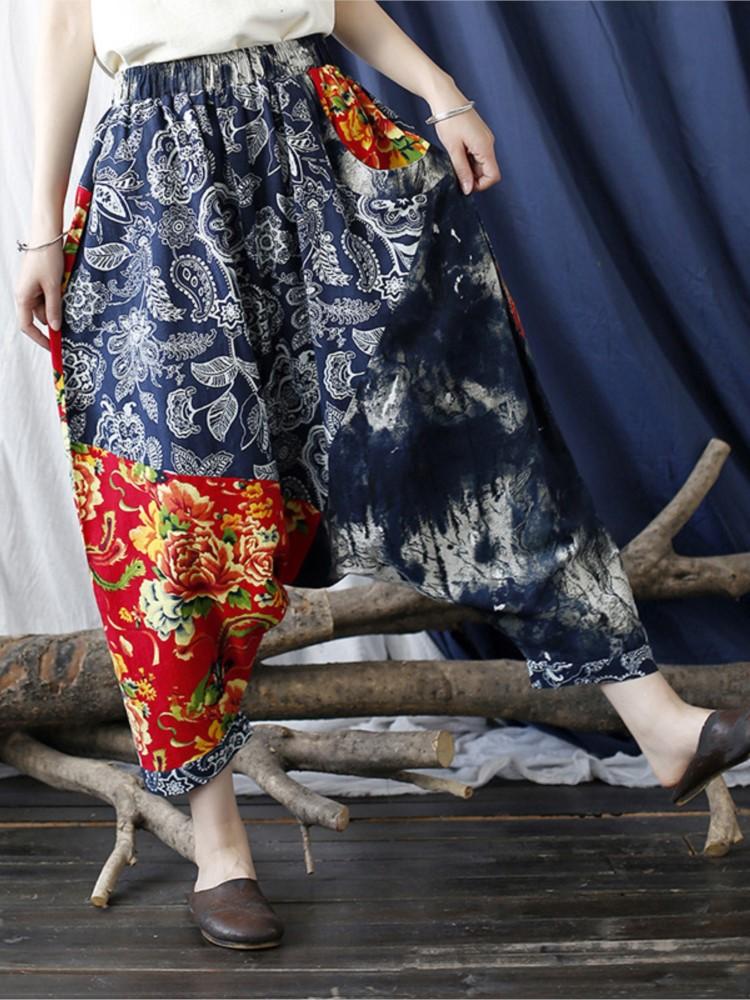 Johnature Cotton Ankle Length Pants LOOSE Cotton Linen Pockets MID Spring Autumn WOMEN Vintage Elastic Waist Pants