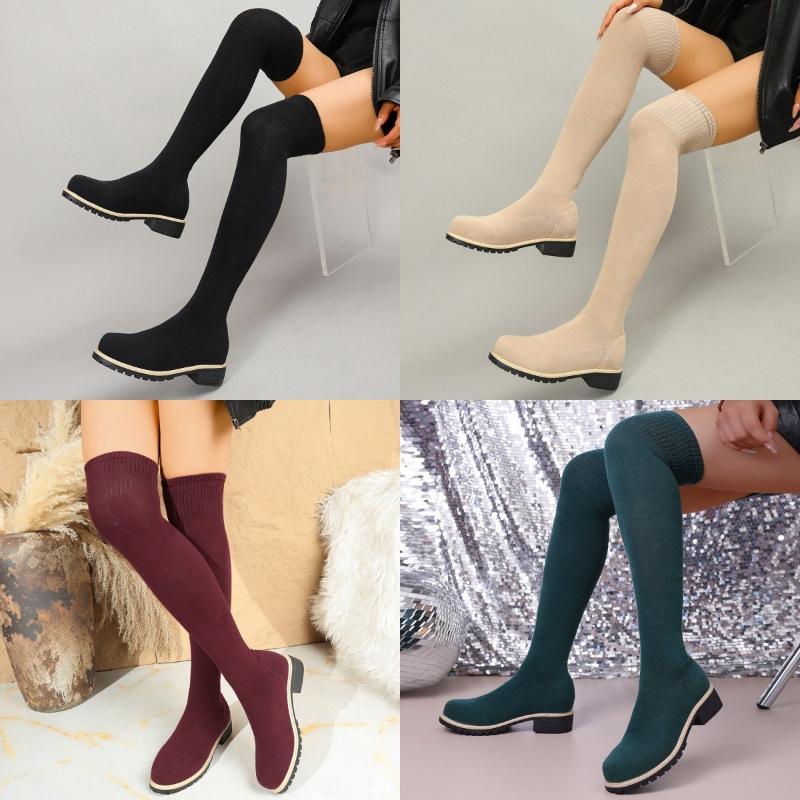 Overknee-Sockenstiefel mit dickem Absatz für Damen, Übergröße 35-43, elastisch gestrickte lange Stiefel, Damen-Komfort-Slipper mit Plateau-Sockenstiefeln