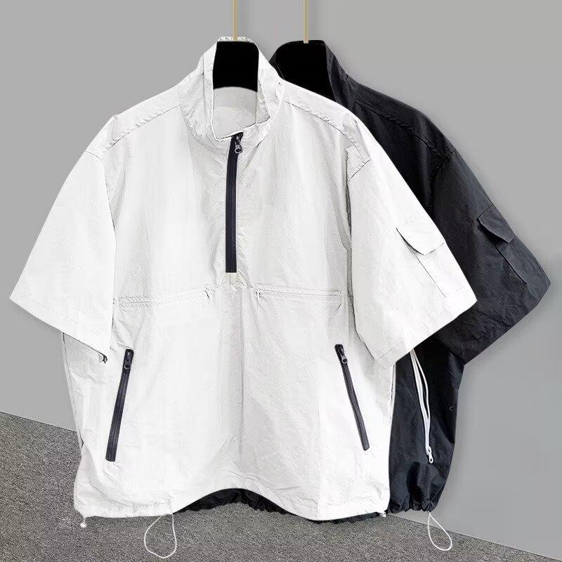 Solid Color Tooling Stand-up Collar Jacket Men's Korean Version Trendy Versatile Handsome Loose Semi-zipper Design Short Sleeves