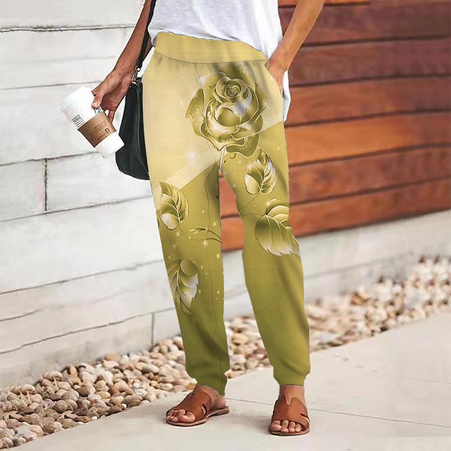 Women Flower Printing Pants Lace Up Elastic Waist Loose  Trousers Casual Long Pants Trousers with Pockets