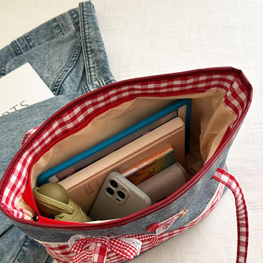 Retro Bow Lace Shoulder Bag Leisure Grid Large Capacity Handbag Underarm Bags Commuting Tote Bags College Students Schoolbag