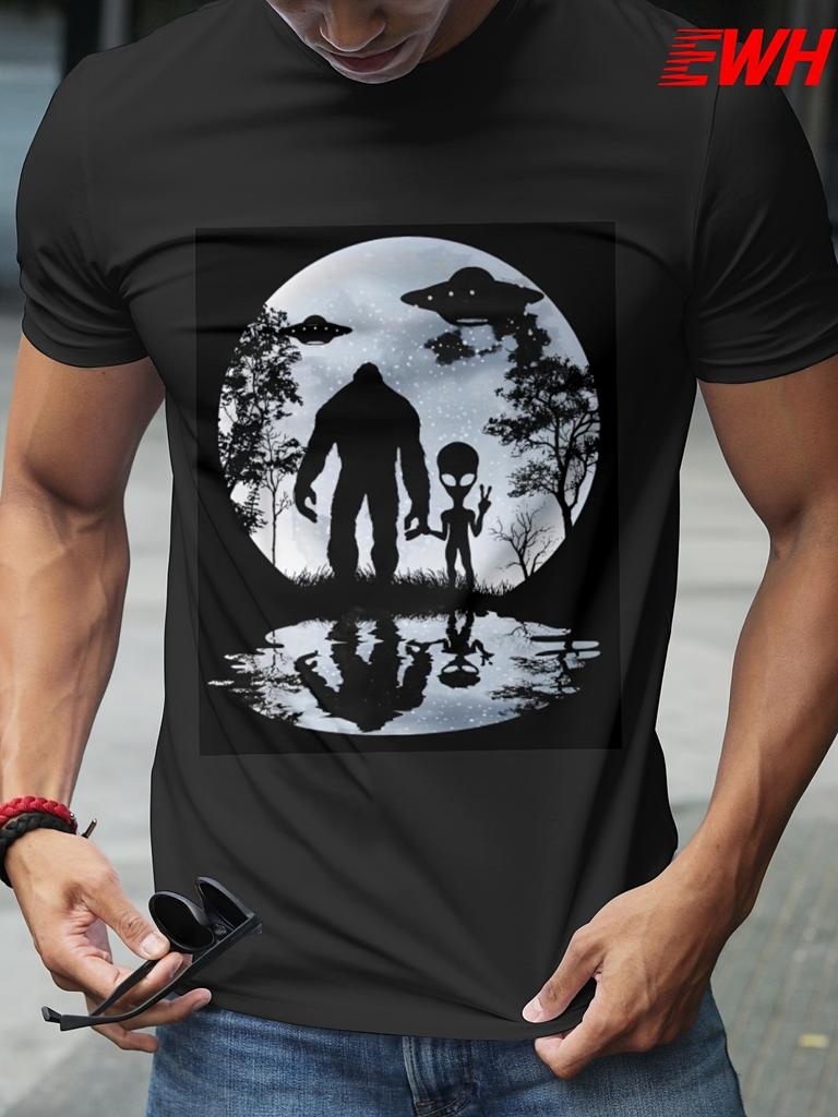 Miękki, wygodny męski T-shirt z nadrukiem Księżyca, Sasquatcha, UFO i Istoty Pozaziemskiej, Stylowy letni T-shirt