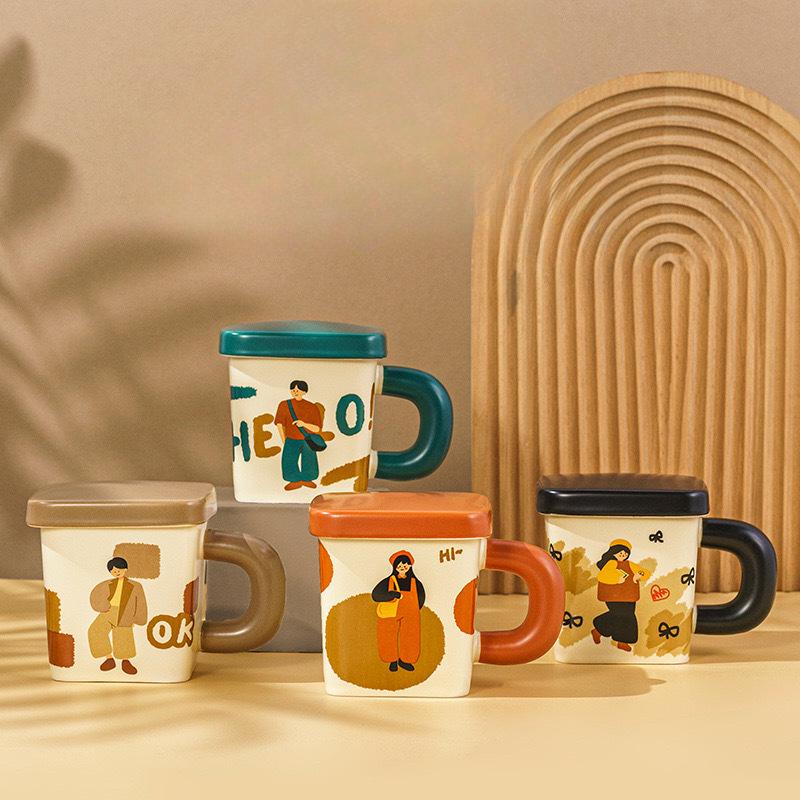 Cream Glue Square Couple Cup Ceramic Pair Mug with Lid Gift Cute Retro Boy and Girl