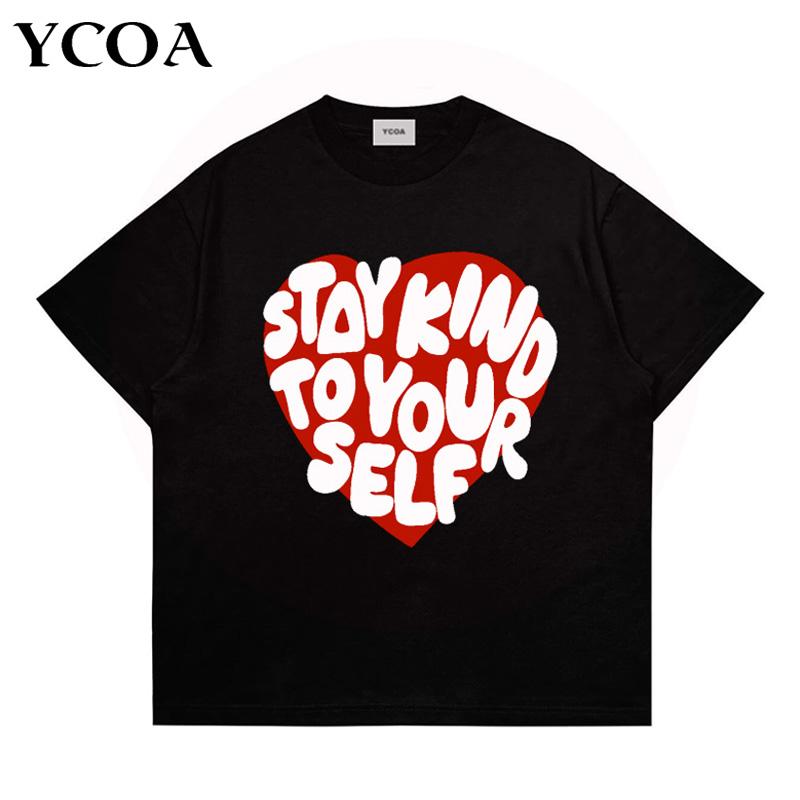 Men TShirt Oversized Cottton Harajuku Heart Graphic Streetwear Korean Fashion Aesthetic Tees Short Sleeve Kpop Top Y2k Clothing