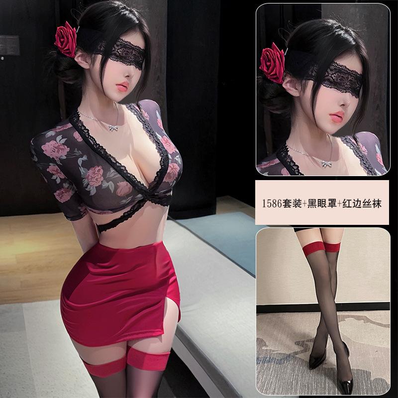 Yiyue erotic underwear sexy rose print secretary hip skirt women's nightclub pure desire flirting uniform set 1181