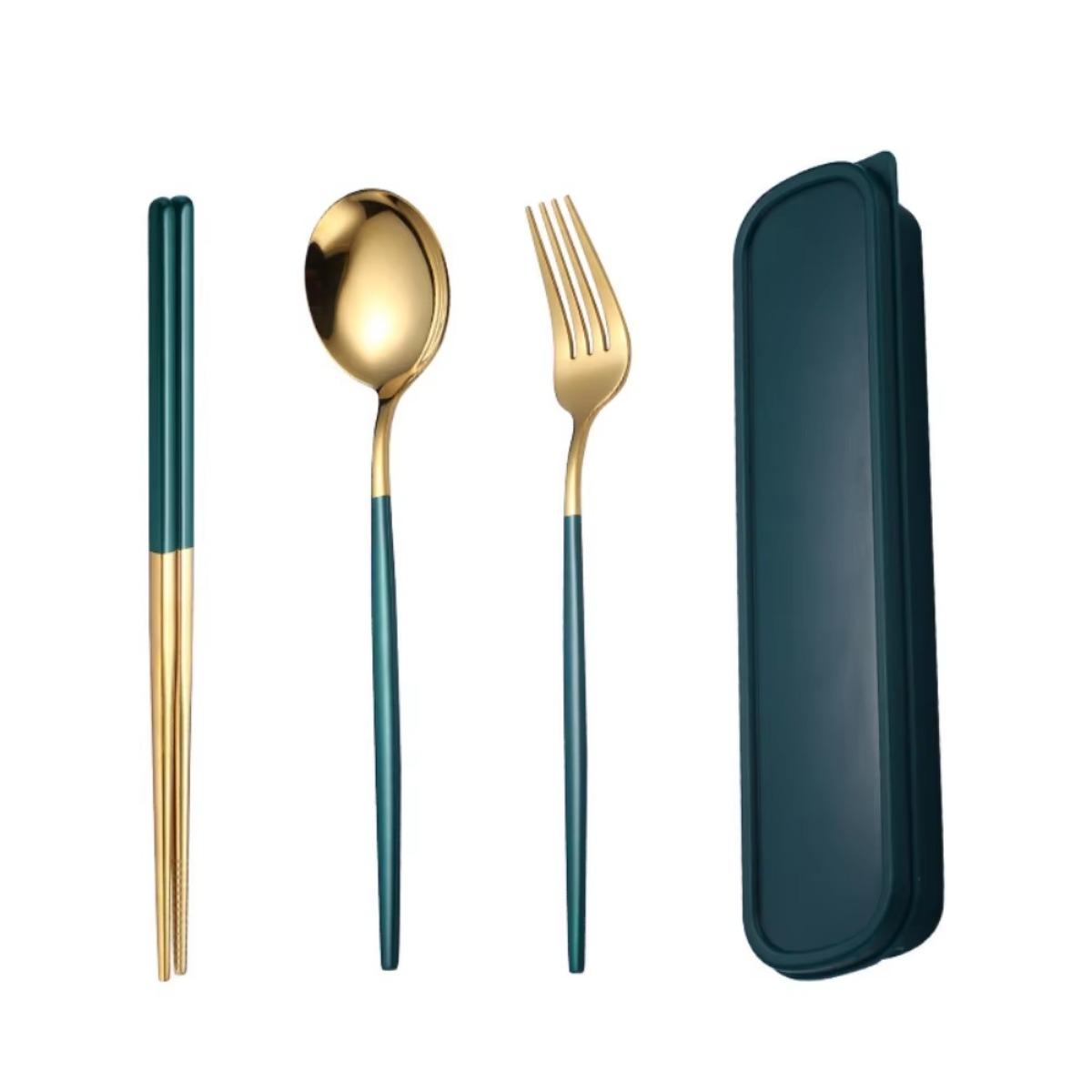 

4 Pcs Portable Stainless Steel Tableware Set Dishwasher Safe Reusable Flatware Cutlery Set Include Fork Spoon Chopsticks and box