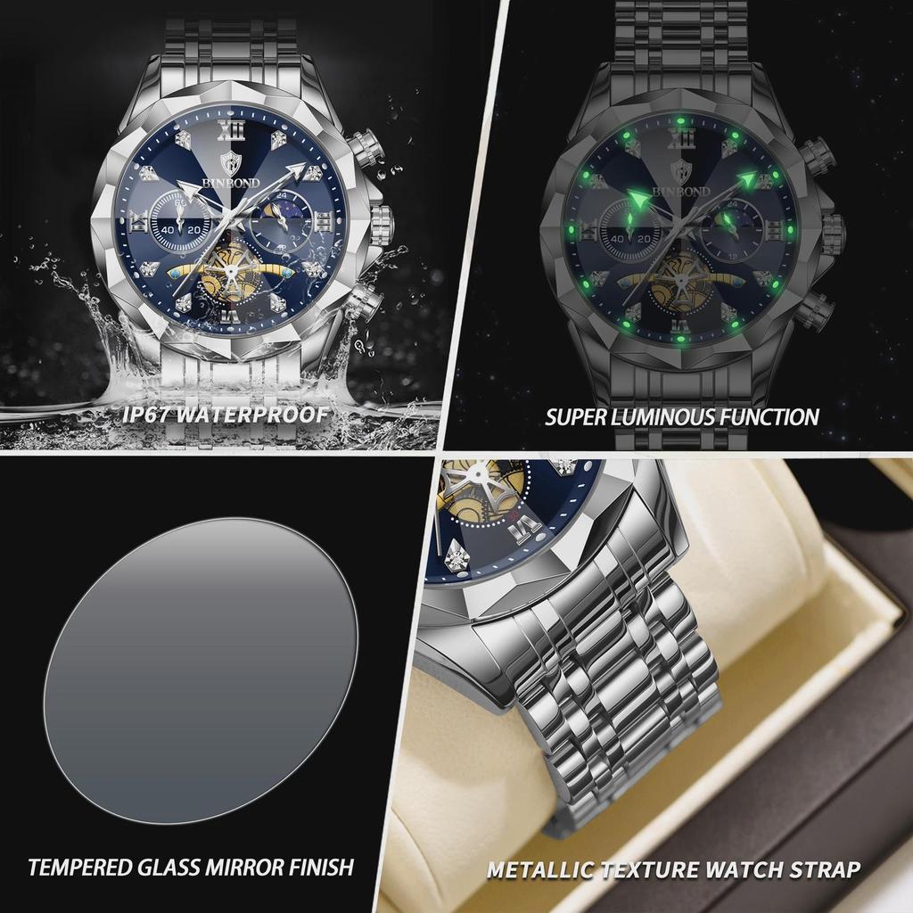 BINBOND Luxury Men Watch Top Original Waterproof Luminous Chronograph Man Wristwatch Stainless Steel Quartz Watches
