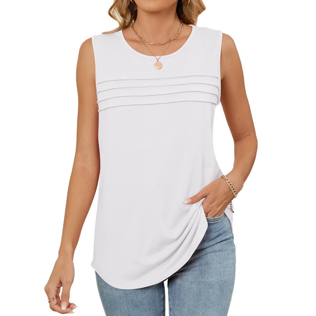 Spring Summer New Women's Solid Color Crew Neck Loose Sleeveless T-shirt Vest Casual Daily Tops For Leisure Leisure Trade Ready To Ship