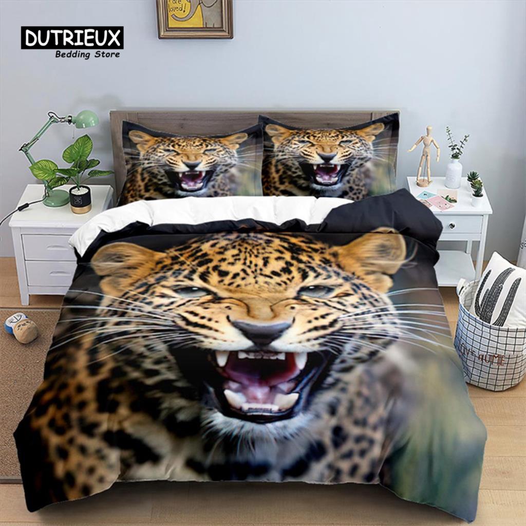Tiger Duvet Cover Set Queen Size African Animal Bedding Set Tropical Wild Animal Leopard Comforter Cover For Kids Adults Decor