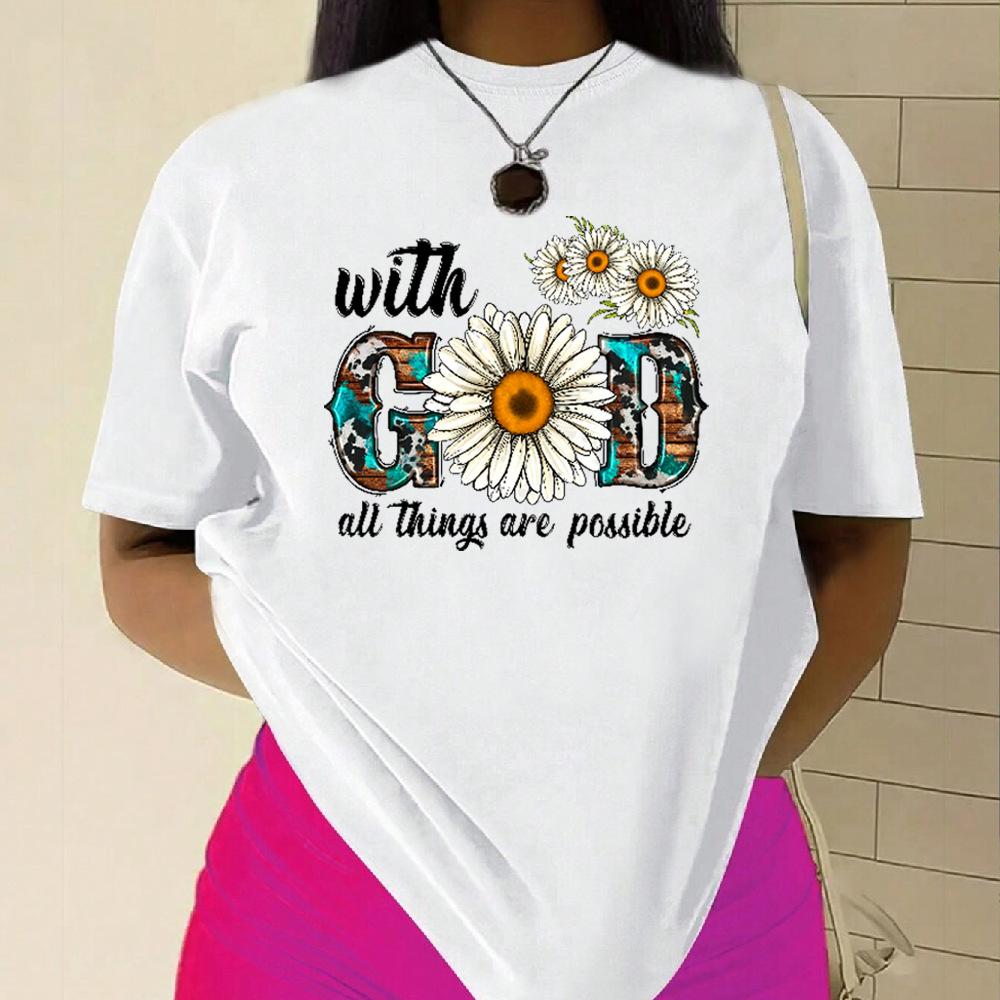 Cotton T-Shirt Short Sleeve Round Neck Women 2d Print Tops