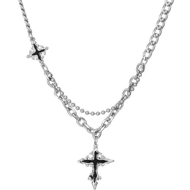 Black Zircon Starburst Necklace & Cross Chain: Versatile High-End Design for Women & Men