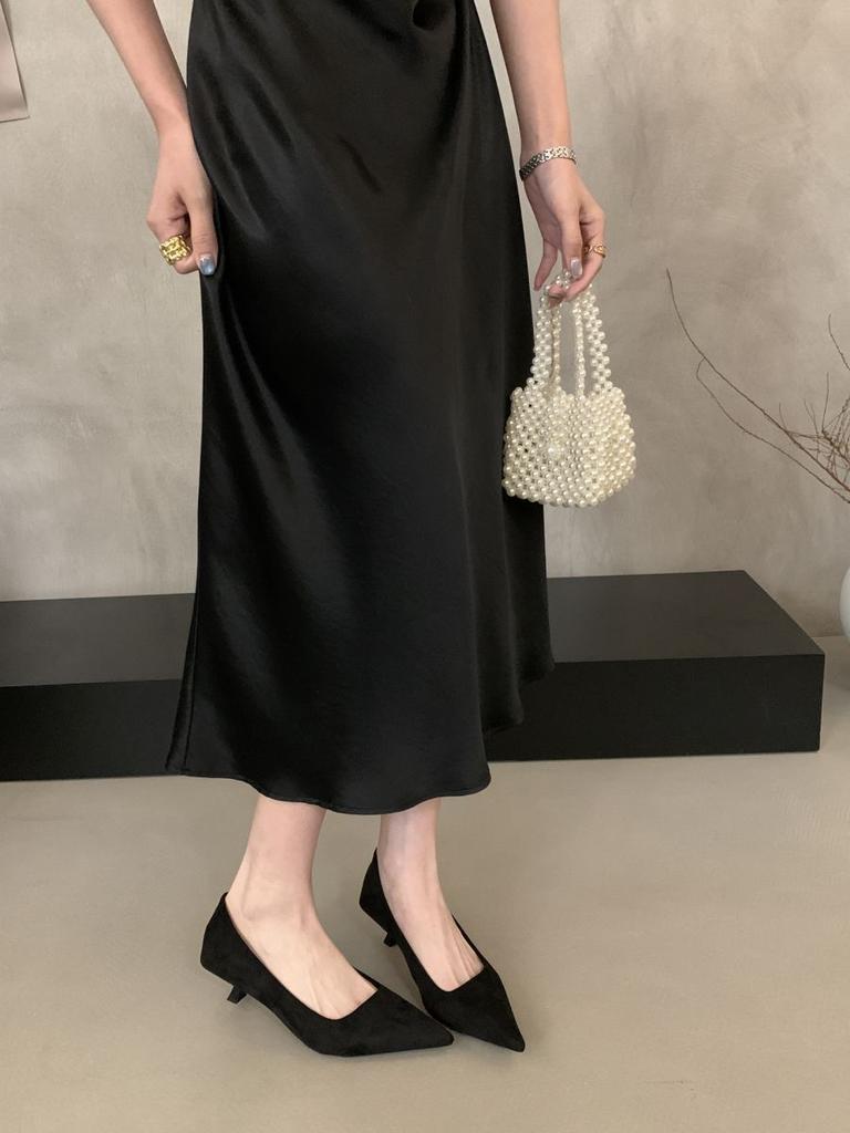 French Pointed Kitten and Black High Heels Women's 2025 New Spring and Autumn Fine Heel Suede Light Mouth Commuter Shoes