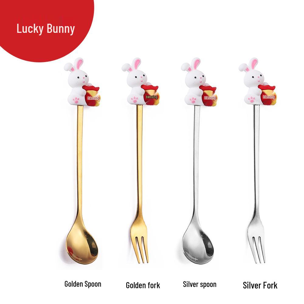 Cartoon Rabbit Christmas Dessert Spoon and Fork Set - Cute Party Favor Stirring Spoon