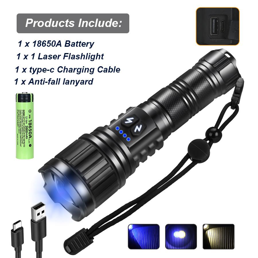 Newest White Laser Flashlight Use 26650 Battery Type-C Charging Zoom Tactical Torch Waterproof Camping Lantern with Power Displa